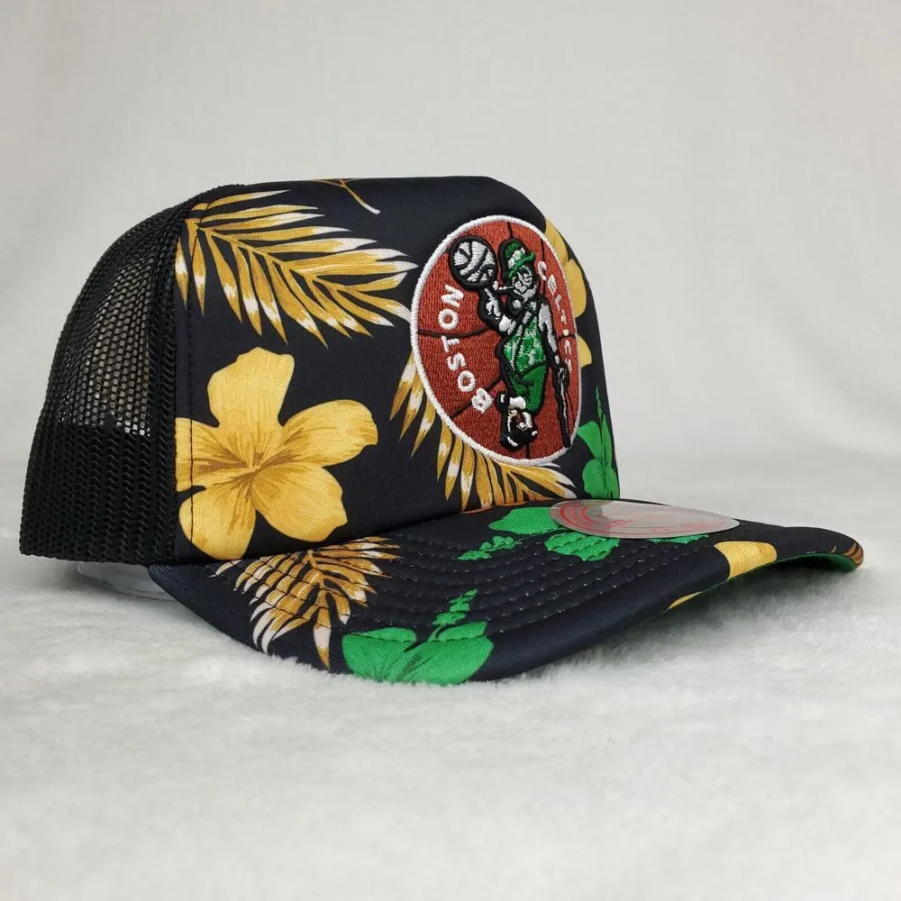 Boston Celtics Mitchell & Ness Trucker Snapback Hat Cap 3D Logo Black Floral NWT
